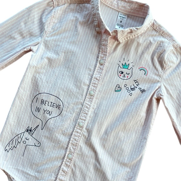 Carter’s Girls Pink Striped Unicorn Button Down Long Sleeve Shirt Size 8 - Picture 2 of 6